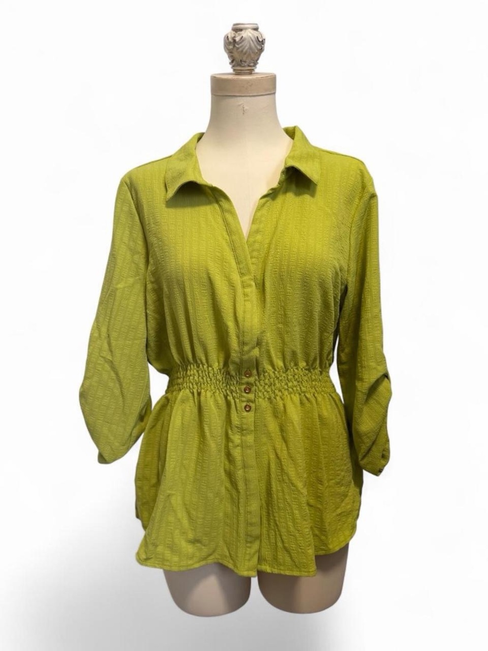 Smocked Waist Button-Front Shirt in Lime - Women’s Collared Top